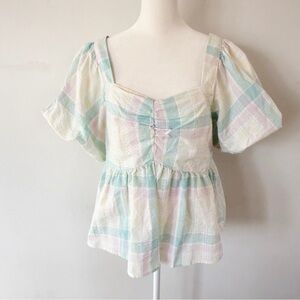 Old Navy Women Pastel Plaid Puff Sleeve Top Large Tall Peasant Cottage Milkmaid
